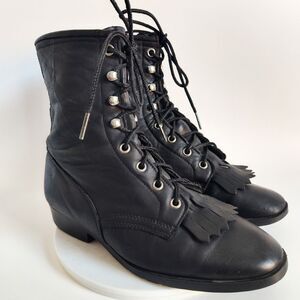 Laredo Boots Western Fringe Kilty 7.5 Leather Lace-Up‎ Vintage Boho Black USA